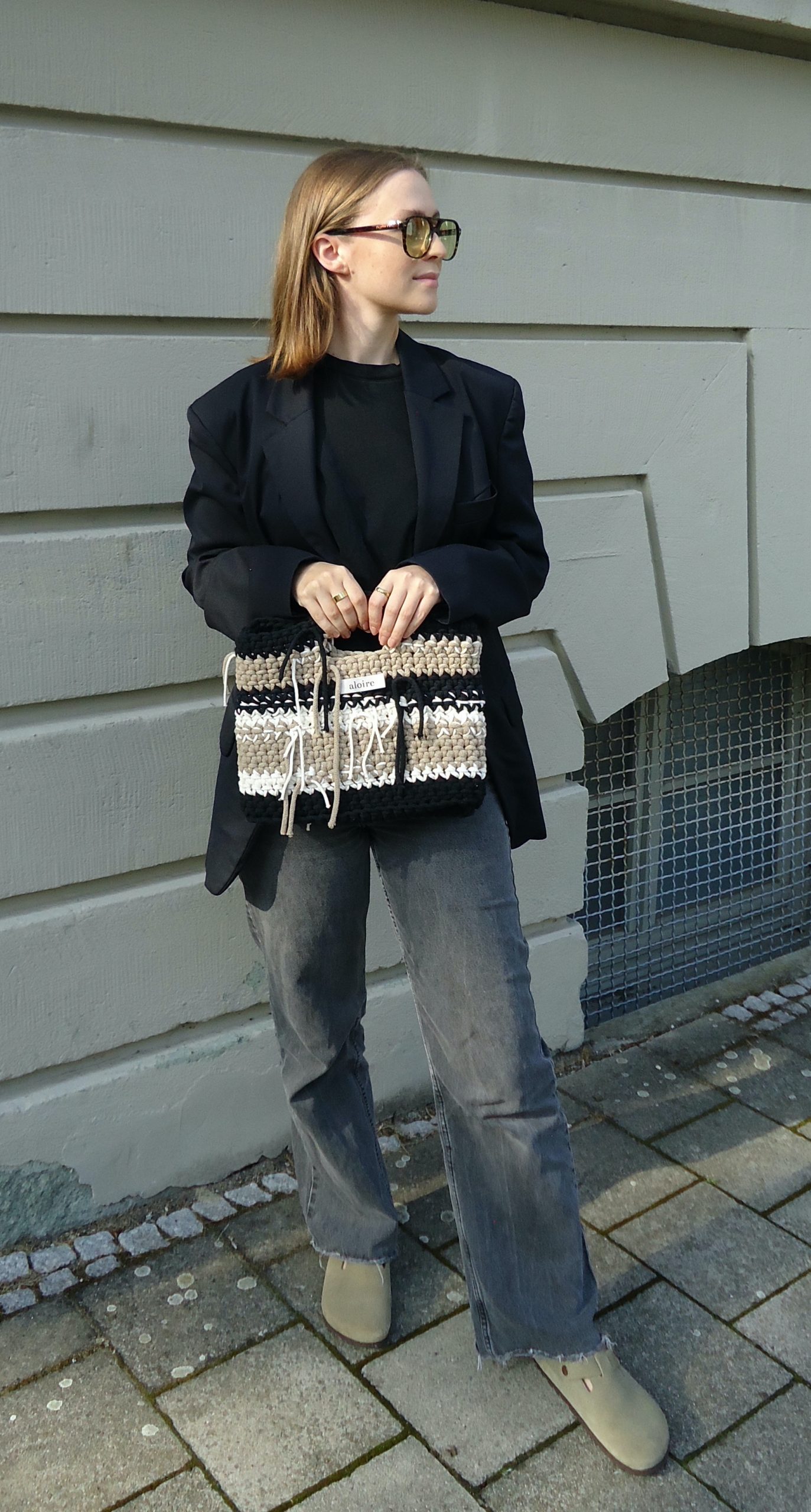 Gehäkelte Tasche Creme-Noir Größe M